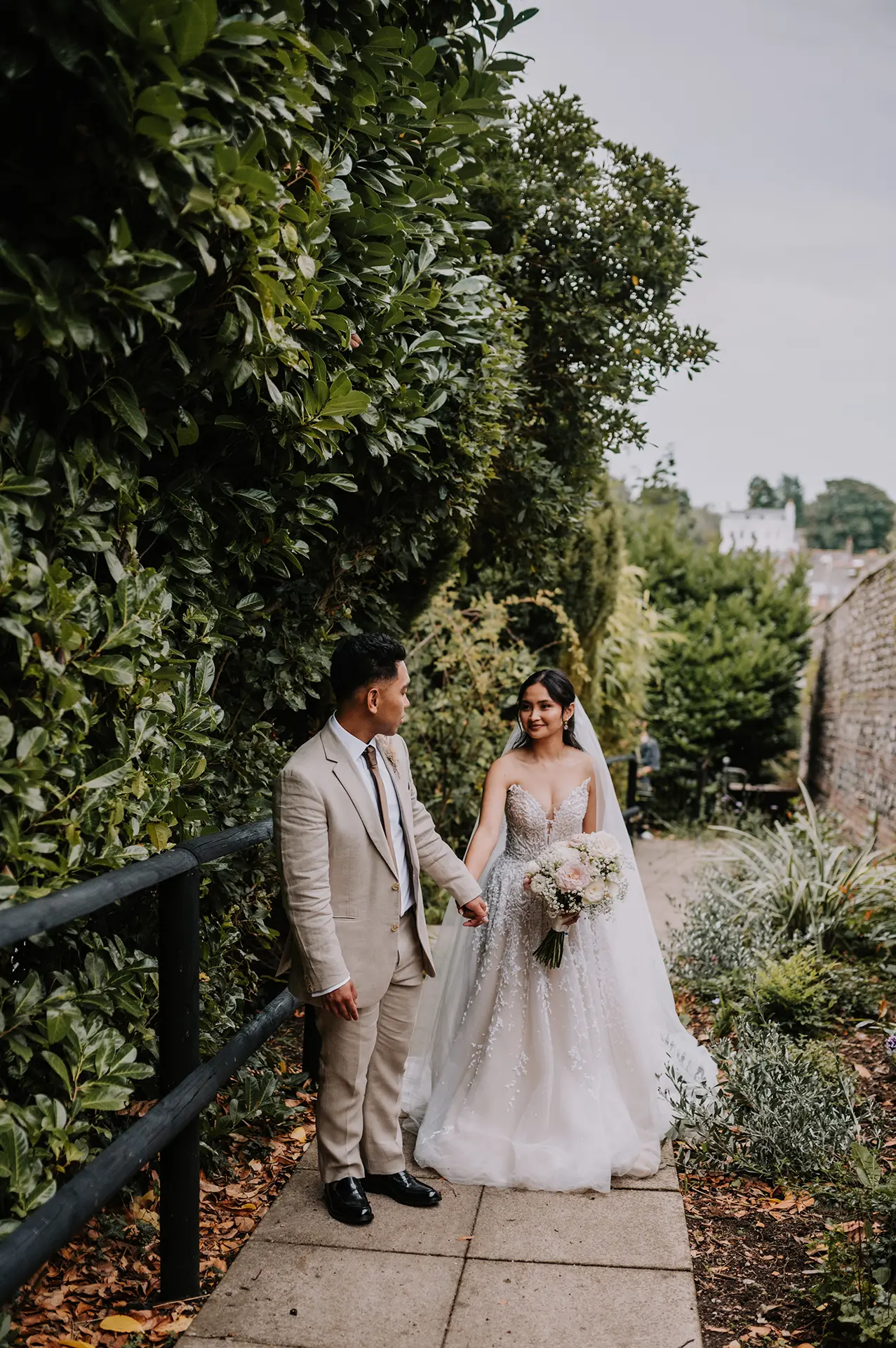 Pelham House bride and groom in gardens