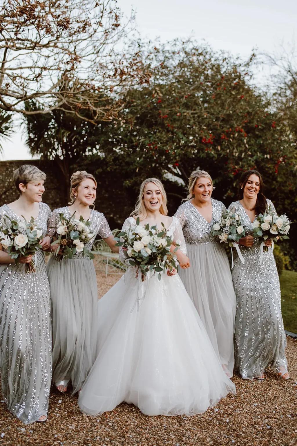 Pelham House winter wedding bride and bridesmaides