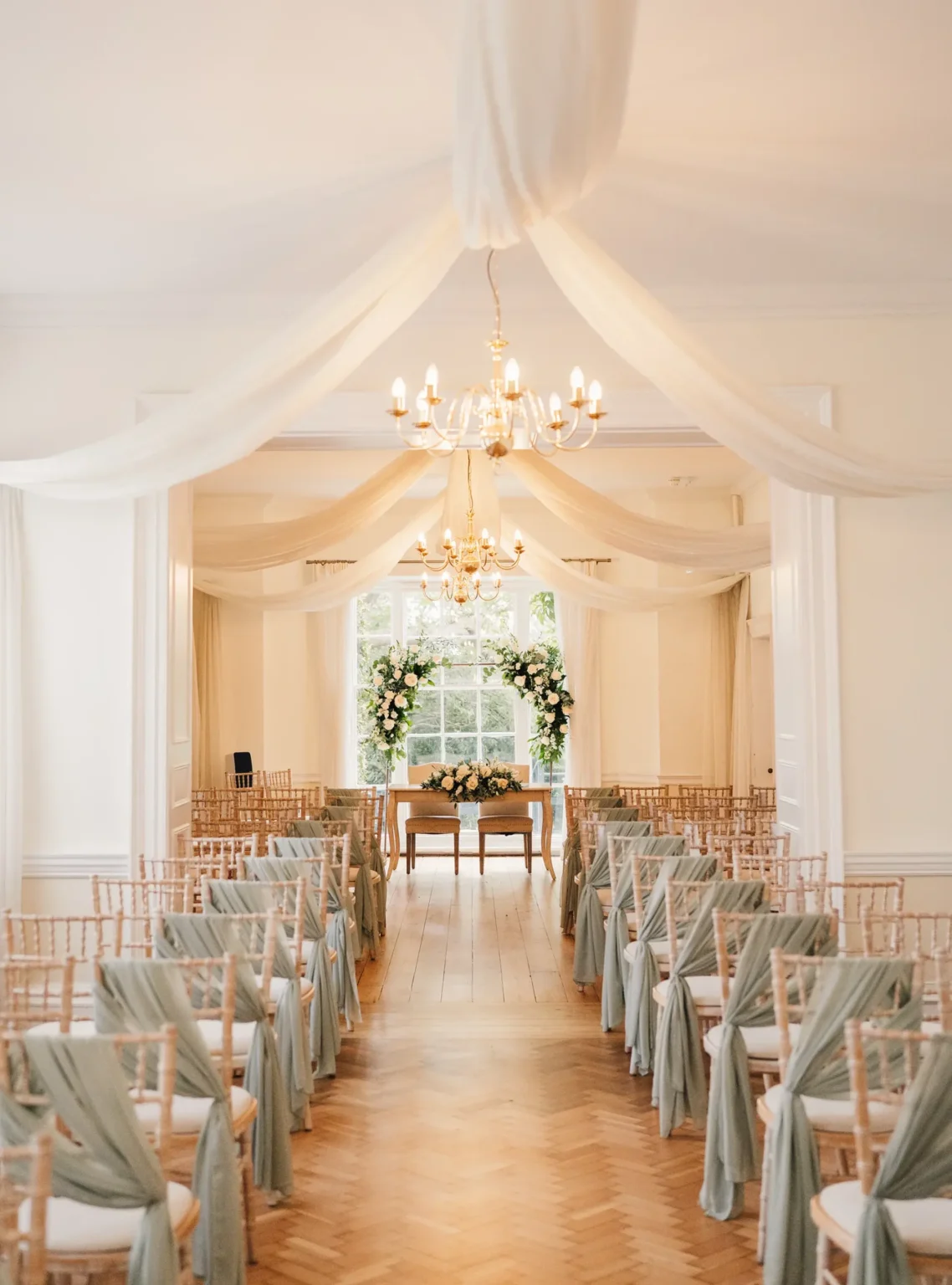 The Goring Room dressed for a spring wedding at Pelham House