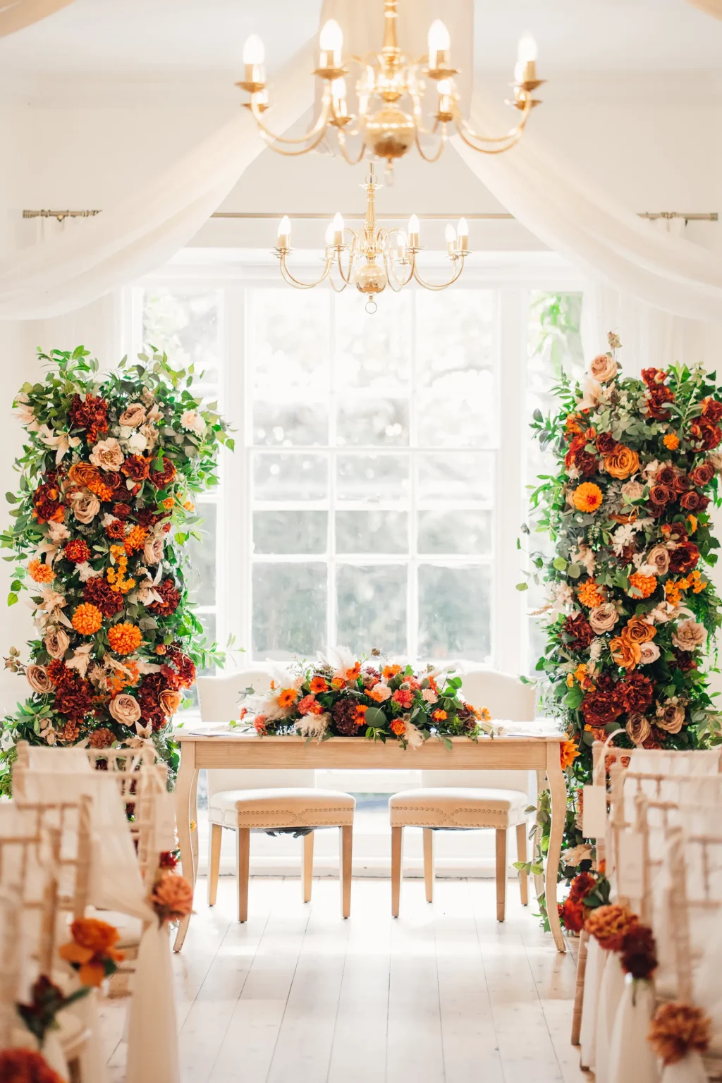 The Goring Room dressed for a autumnal wedding at Pelham House